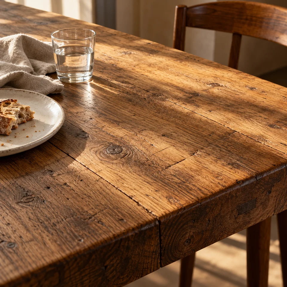 Mesa de madera con pan, lino y un vaso de agua