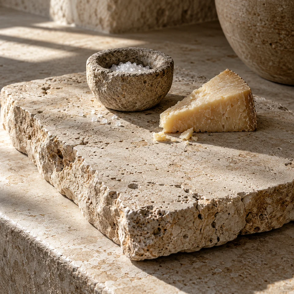 Piedra natural con sal gruesa y queso curado