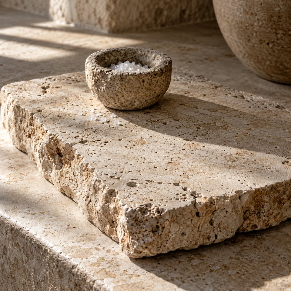 Piedra natural con un cuenco de sal gruesa