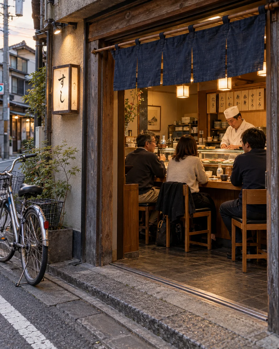 Entrada de un pequeño restaurante japonés desde la calle, con clientes en la barra y un cocinero preparando sushi