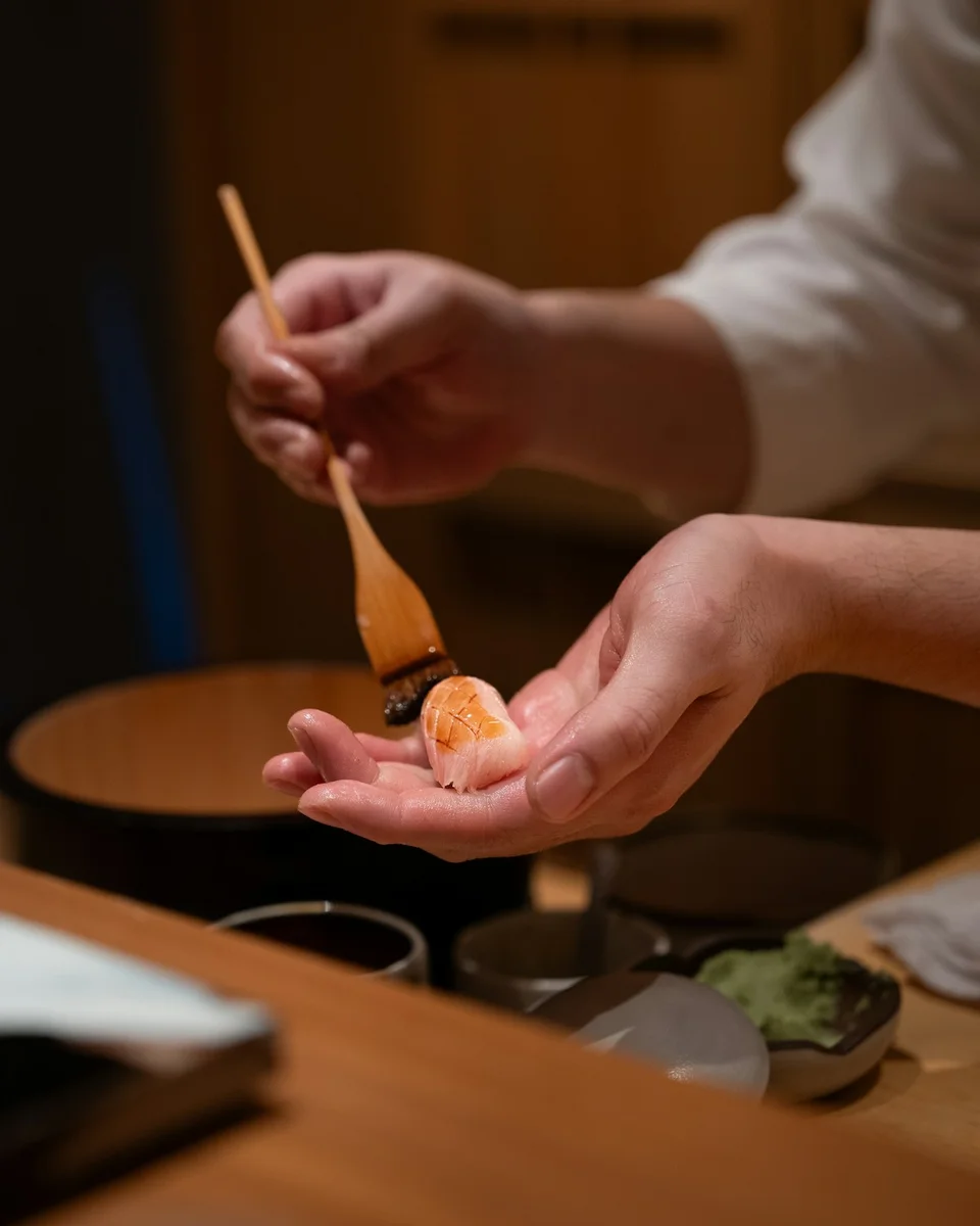 Un cocinero pincela un nigiri de sushi sobre su mano, junto a una barra de madera.